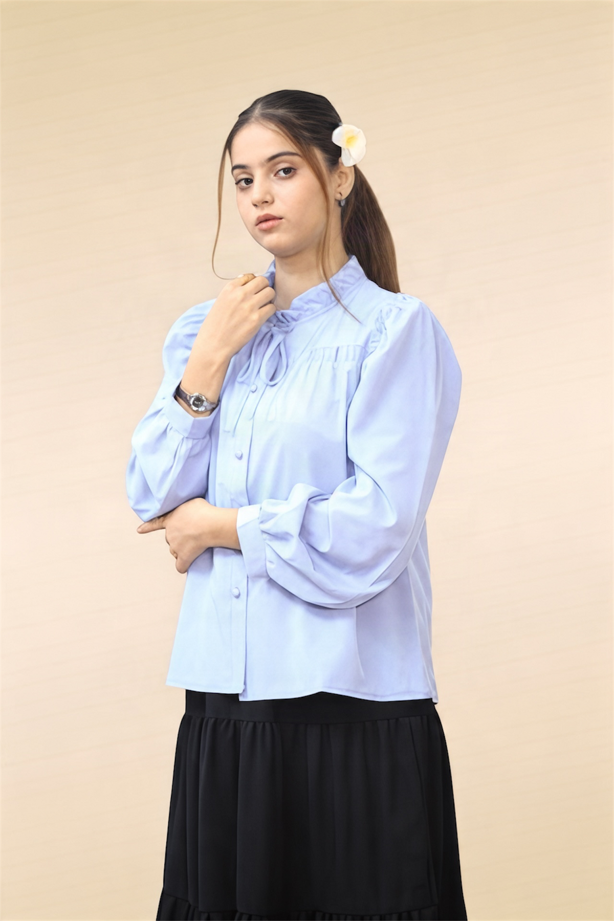 Ruffle Bow Blouse – Powder Blue