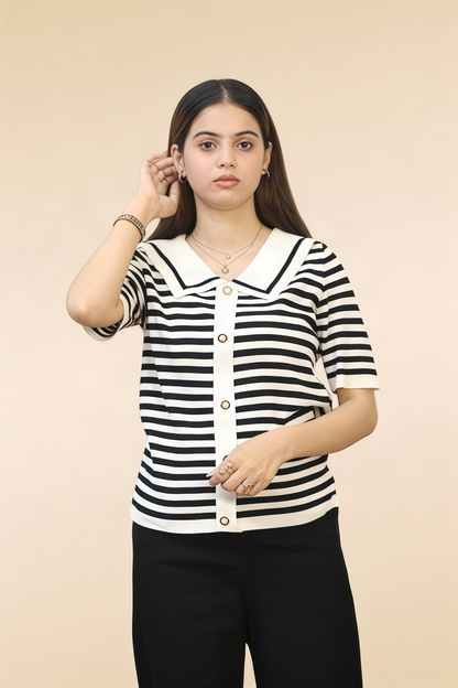 Sailor Stripe Collar Knit — Black & Cream