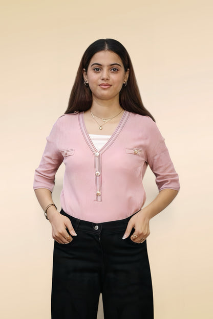 Contrast Stitch Cardigan — Dusty Rose