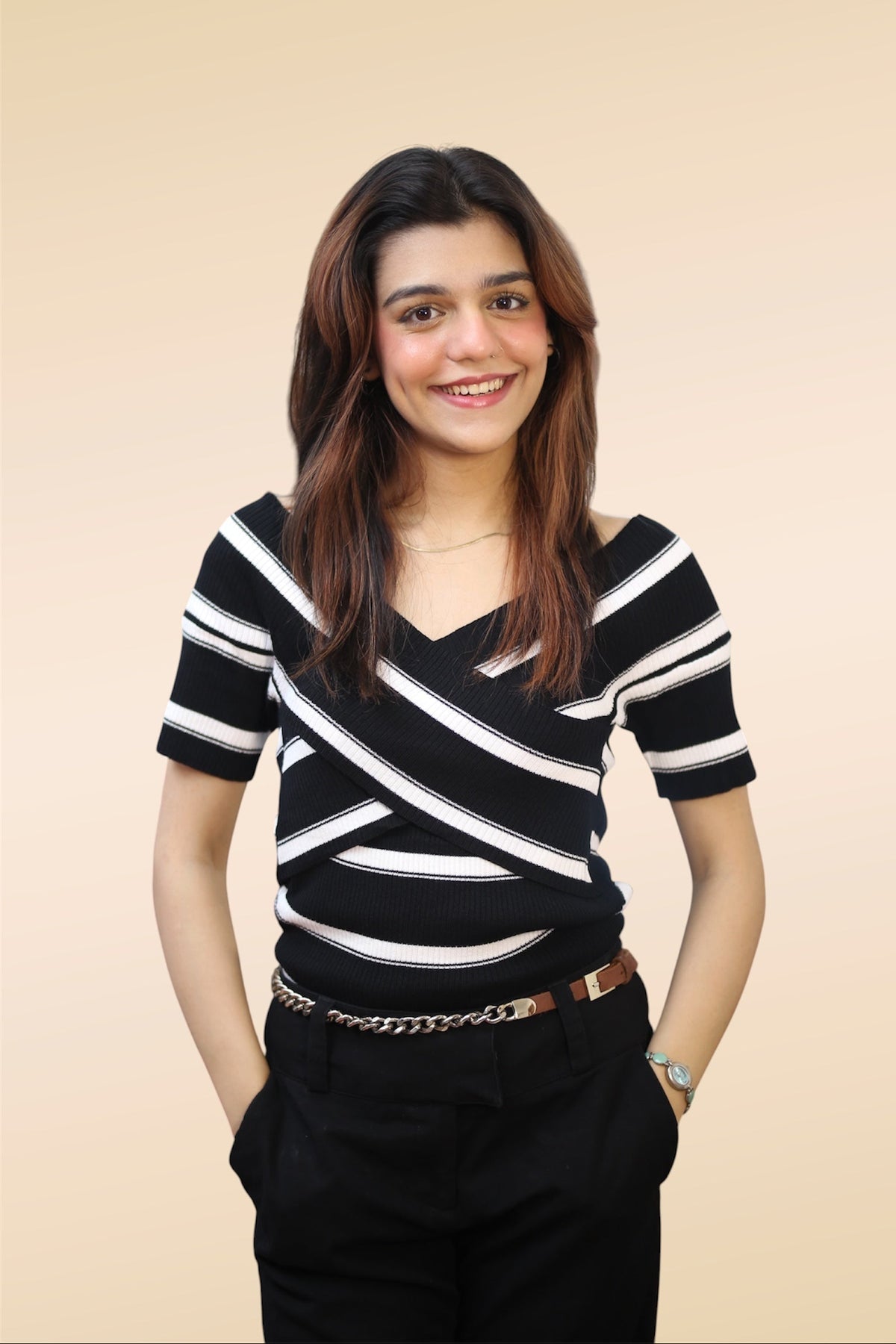 Crossover Stripe Knit Top — Black & Cream