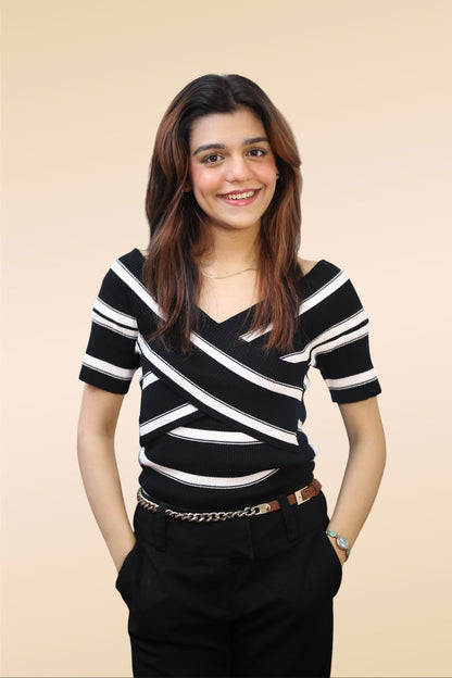 Crossover Stripe Knit Top — Black & Cream