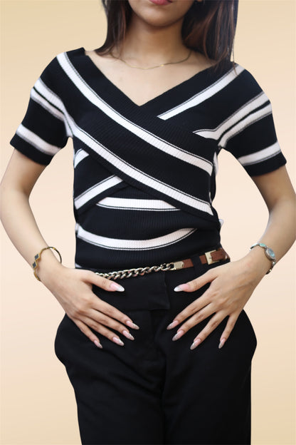 Crossover Stripe Knit Top — Black & Cream