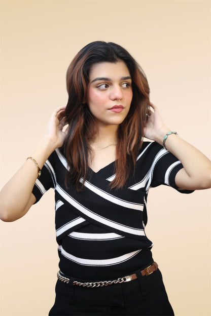 Crossover Stripe Knit Top — Black & Cream