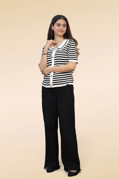 Sailor Stripe Collar Knit — Black & Cream