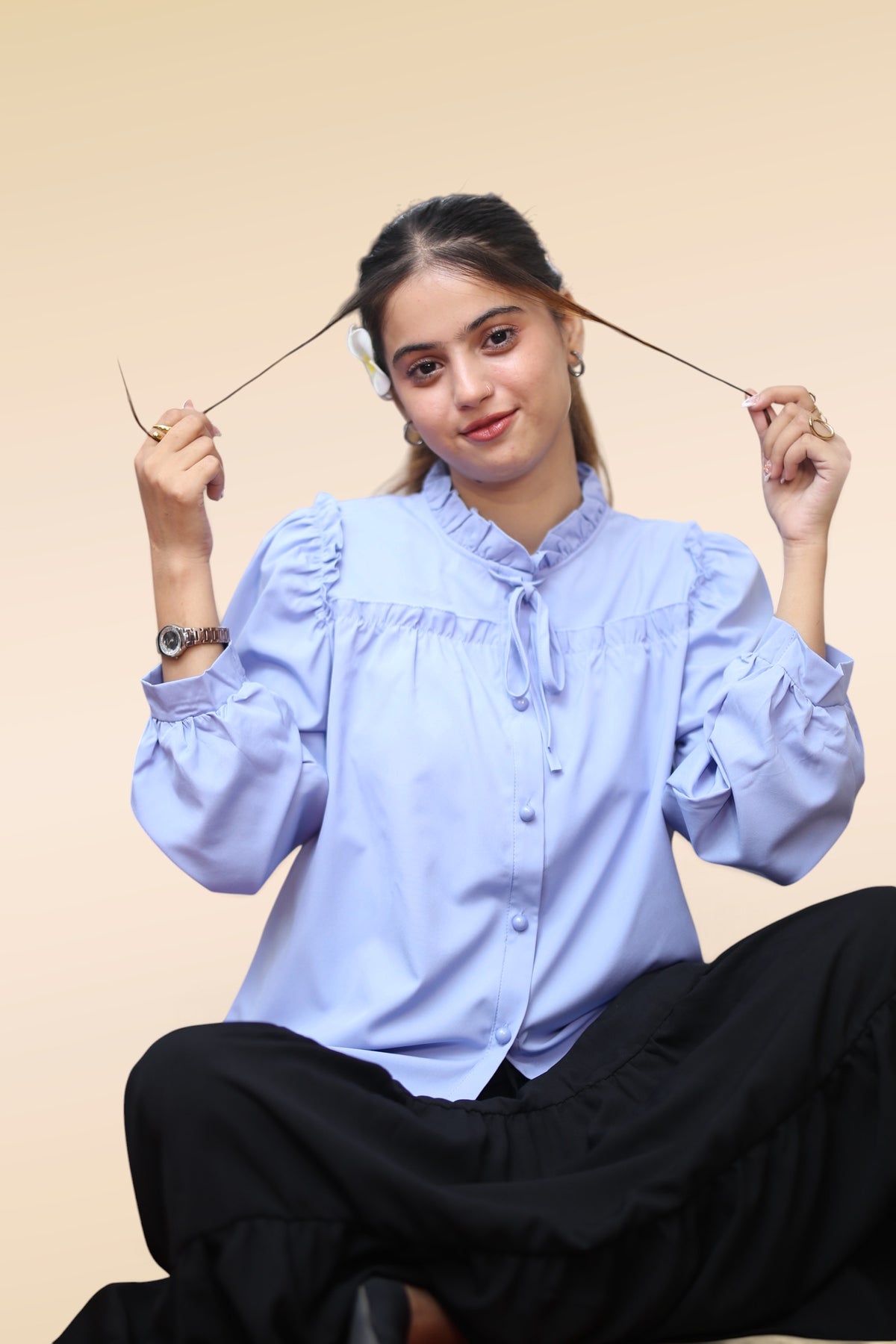 Ruffle Bow Blouse – Powder Blue