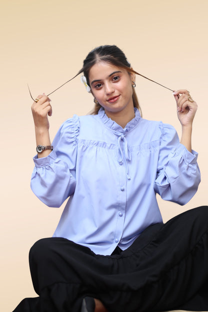 Ruffle Bow Blouse – Powder Blue